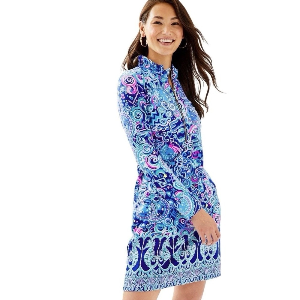 Lilly Pulitzer Written in the Stars Sophie Dress UPF 50+ Blue Seahorse Zip XS